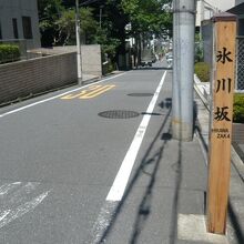 氷川坂の標識柱と坂の様子です。全般的な環境は変わっていません