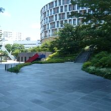 桑田記念児童遊園の広場様子と右の奥の赤坂中学校の高台です。