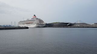 象の鼻パークから大さん橋の飛鳥IIを見る