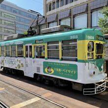 1両の路面電車。3両編成もあります。