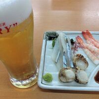 夕食の『刺身3種盛り』と無料のアサヒスーパードライ