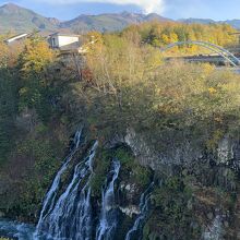 白ひげの滝越しに見える十勝岳の噴煙