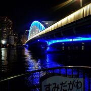 夜の永代橋付近は隅田川の水面も青く照らされて幻想的