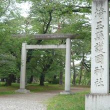 埼玉県立大宮公園の中に屹立している埼玉縣護国神社の鳥居と石柱