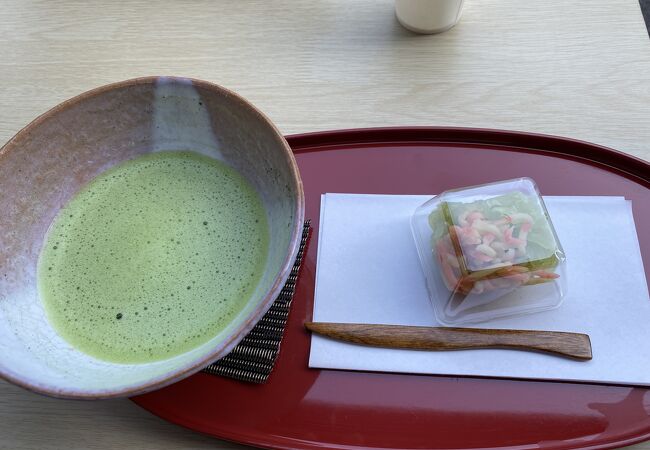 日本庭園を見ながらお茶を頂く