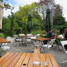 程よい曇り空だったので、屋外席を選択。植物園の緑も…、
