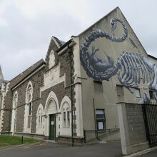 建物側面には、巨鳥モアの骨格の壁画アートが。