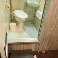 バスルームは少し狭め。入口の段差を登るステップがあります