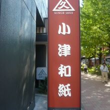 小津和紙の標識です。日本橋昭和通りとえびす通りの角にあります