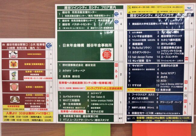 飲食店やクリニックなどがあるAシティと、年金事務所、パスポートセンター、市民活動支援センターなどがあるBシティがあります