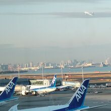 駐機した航空機と上昇する航空機、遠くに東京の町並みが見える。
