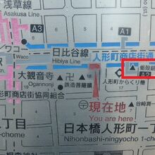 日本橋の人形町通りの案内地図です。蛎殻銀座跡の記述があります