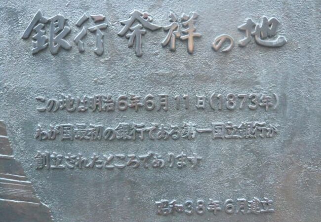 銀行発祥の地の解説板が、日本橋の兜町にあります。第一国立銀行が創設された場所にあります。