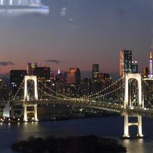 ライトアップしたレインボーブリッジと東京タワーの夜景