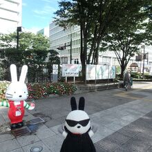 駅周辺には福島市観光キャラクターの「ももりん」が居る