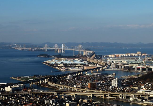 くねくねとつながる瀬戸大橋を上から眺める場所。