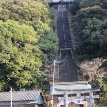 二の鳥居前から見る須賀神社拝殿につながるの迫力ある石段。
