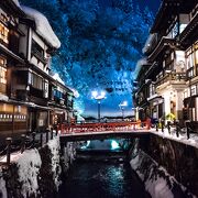 ガス灯と木造建築の旅館が立ち並ぶ温泉街