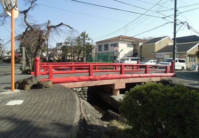 赤い欄干の野間文橋が映えます　