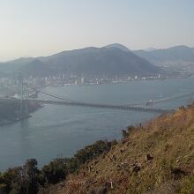関門海峡(早鞆ノ瀬戸)の景観。関門橋が下に見えます。