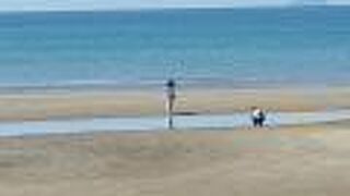 砂浜の水たまりの水面が鏡上に見え、人影が綺麗に映る