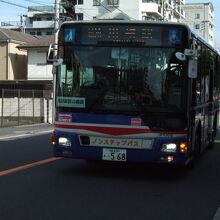 青と赤のラインのバスです