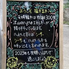 夫婦フクギの向かいにある雑貨屋さんのあたたかい看板です