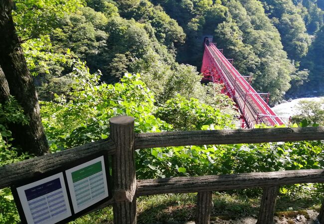 橋を渡るトロッコ電車が見える