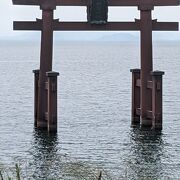 国道161号を挟んで神社と湖中の鳥居があります