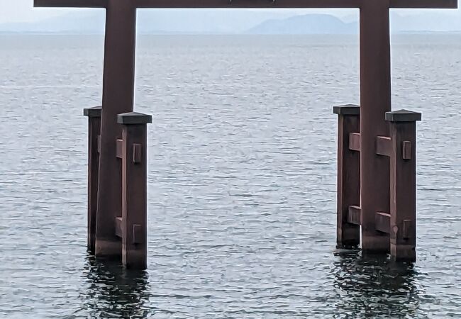 国道161号を挟んで神社と湖中の鳥居があります