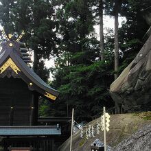 桜山神社本殿に烏帽子岩