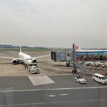 ラウンジ内から見えるボーディングブリッジと出発するJAL機
