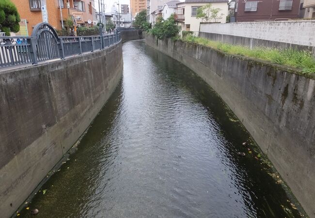 都会の垂直護岸の小川。