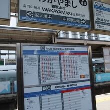 和歌山市駅にて。時刻表を見るとかなり寂しくなっています。