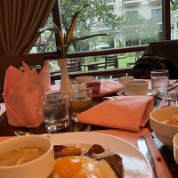 朝食をとりながら中庭を眺める