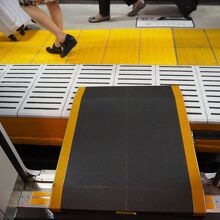 急カーブの浅草駅ではホームとの間にステップ