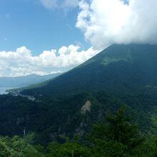 中禅寺湖と華厳の滝、そして男体山が見えます。