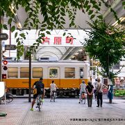 アーケード商店街の中を電車が横切っている