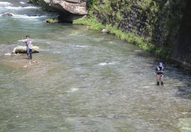 箒川の禁漁前の釣り人と、天狗岩と野立岩