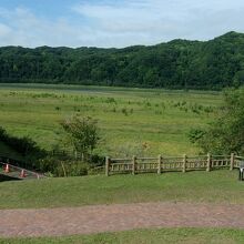 屋上から草原化したダム湖を見渡せる