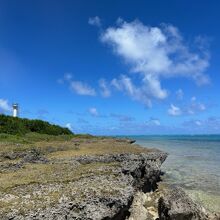 白亜のミニ灯台と海