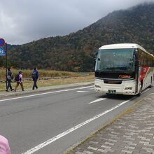 戦場ヶ原に並行して国道を走る路線バス（日光湯元温泉バス停）