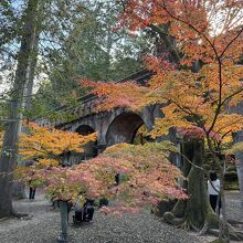 レンガの水道橋をバックにした紅葉