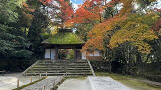 茅葺屋根の山門と、白砂の庭園の調和がみごと