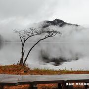 霧に包まれた榛名湖湖畔は幻想的な美しさ