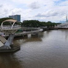 サラワク川上流方向の景色。右手の建物はフローティング・モスク