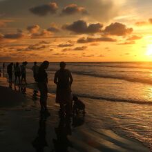 夕暮れの海と空を眺める人々