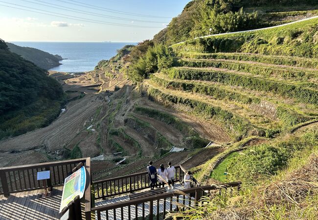 入り江を望む谷に広がる棚田はなかなかの景観、幸せの鐘「エターナルロック」で恋人の聖地を謳ってます