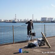 港公園の海辺からフェンス越しに鹿島臨海工業地帯を眺めました