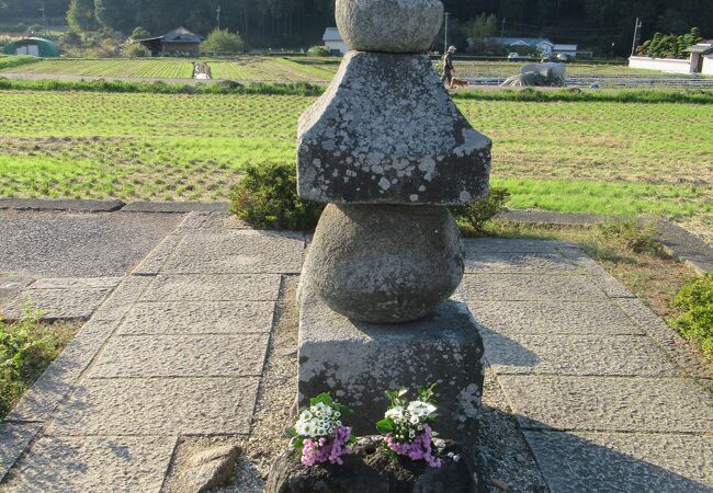 田畑に突き出るように五輪塔が建っています